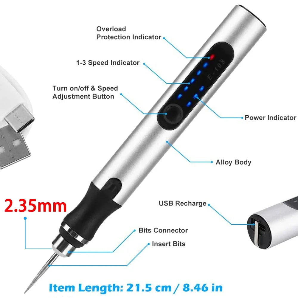 Cordless engraving pen rechargeable.